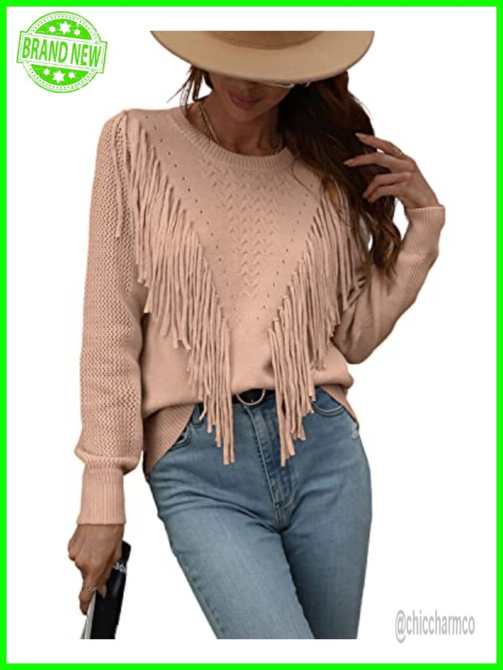 Women's Fringe Tassel Cable Knit Pullover Sweater Crewneck Loose Fit